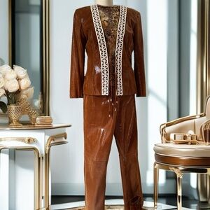 St. John-Tan Leather 3 piece Suit with Pants, Jacket & Shirt Size 2